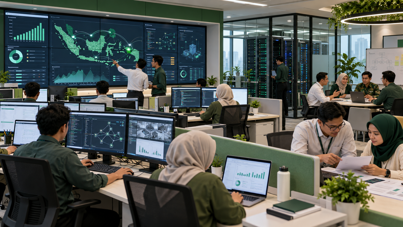 Ruang operasi digital LPEU dengan peta jaringan Indonesia dan dasbor sistem